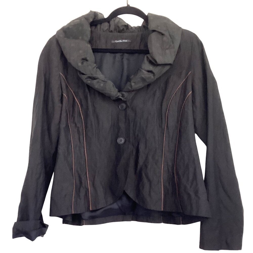 Rina Zin black lightweight Jacket Shirt Women Size L Sheer Ruffled Collar Design